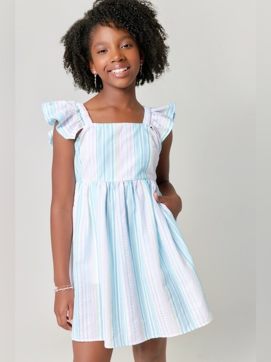 Francesca’s Other - Light Blue & White Stripe Ruffle-Sleeve Kids Dress